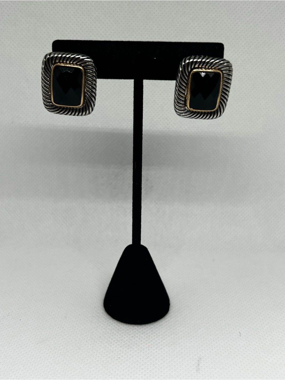Vintage Black Onyx Cushion Stud Earrings • Cable Twisted Rope Pattern • Two-Tone